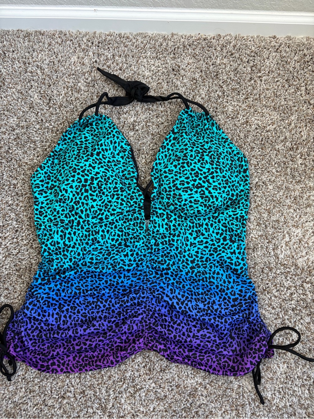 Swimsuits For All Teal Blue Purple Ombre Leopard Halter Tankini